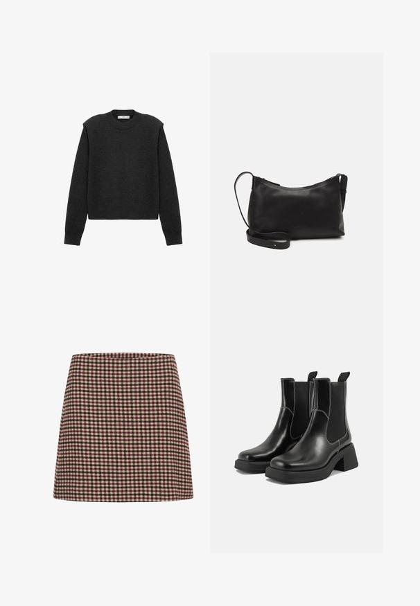 Dark gray, cropped sweater with long sleeves, a rounded neckline, and a textured finish. Simple design without patterns or embellishments.; A red and cream checked mini skirt with a straight silhouette and textured fabric. No visible fastenings or embellishments.; Black leather Chelsea boots with a chunky heel, elastic side panels, and contrasting white stitching. Textured finish.; Black leather shoulder bag with a smooth texture, curved shape, adjustable strap, and a zip closure. Minimalist design without embellishments.