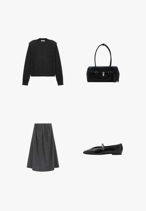 Pulover scurt, de culoare gri închis, cu mâneci lungi, guler rotund și un finisaj texturat. Design simplu, fără modele sau embellishments.; Fustă gri, până la genunchi, realizată dintr-un material texturat; prezintă un brâu elastic și un design pliat pentru volum și formă.; Balerini din piele neagră, cu vârf ascuțit, având o curea subțire cu un detaliu decorativ de tip cataramă și o talpă plată joasă.; Geantă de umăr din piele neagră cu o textură netedă, design structurat, mânere duale și un detaliu cu închidere argintie în centru.
