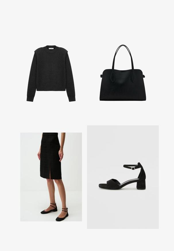 Ciemnoszara, krótka bluzka z długimi rękawami, okrągłym dekoltem i teksturowanym wykończeniem. Prosty fason bez wzorów czy ozdób.; Czarna spódnica ołówkowa z teksturowanej tkaniny, do kolan, z rozcięciem z przodu, w połączeniu z czarnymi płaskimi butami i paskami wokół kostki.; Czarne zamszowe sandały na obcasie z cienkim paskiem wokół kostki, otwartym noskiem i skromnym słupkowym obcasem. Gładka faktura i minimalne akcenty.; Czarna skórzana torba na ramię z podwójnymi paskami, prostokątny kształt i minimalistyczny design na białym tle.