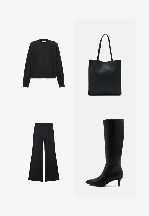 Dunkelgrauer, kurz geschnittener Pullover mit langen Ärmeln, einem runden Ausschnitt und einer strukturierten Oberfläche. Schlichte Gestaltung ohne Muster oder Verzierungen.; Schwarze weit geschnittene Hose mit glatter Textur, ausgestattet mit Frontfalten und einem taillierten Design. Der Stoff ist leicht und fließend.; Anna Field Stiefel - black; Schwarze Laptoptasche aus Leder mit glatter Textur, rechteckiger Form und zwei langen Griffen. Keine sichtbaren Beschläge oder Verzierungen.