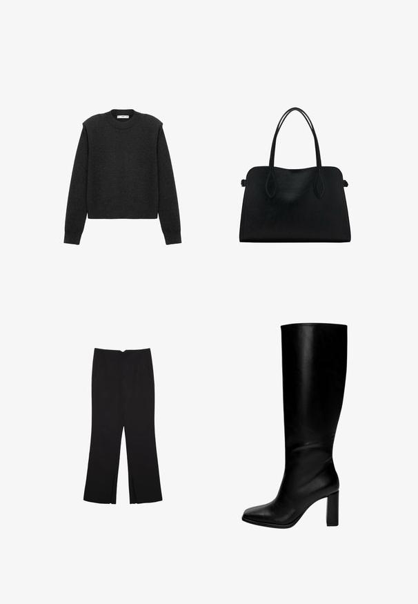 Temno siva, skrajšana puloverja z dolgimi rokavi, okroglim ovratnikom in teksturirano površino. Preprost dizajn brez vzorcev ali okrasitev.; Črne hlače ravnega kroja z naglavnimi žepi in stranskimi razporki na robu. Narejene iz mehke, gladke tkanine. Primerne za različne priložnosti.; Črne usnjene škornje do kolen s kvadratnim prstom in debelim peto. Gladka tekstura, prilegajoča zasnova in brez vidne strojne opreme ali vzorcev.; Črna usnjena torbica z dvema naramnima trakoma, pravokotne oblike in minimalističnim dizajnom na beli podlagi.