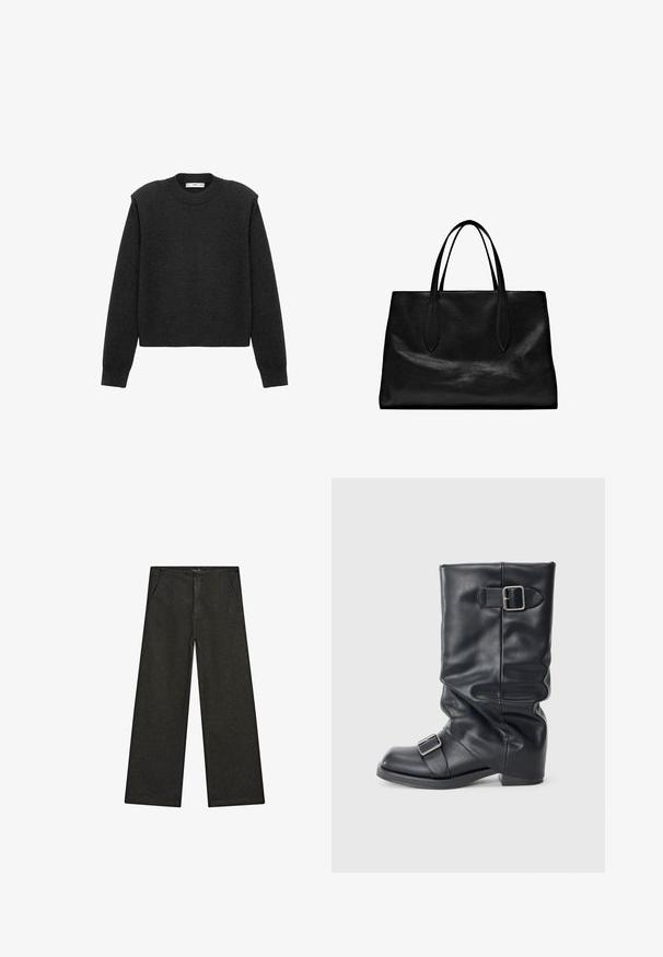 Ciemnoszara, krótka bluzka z długimi rękawami, okrągłym dekoltem i teksturowanym wykończeniem. Prosty fason bez wzorów czy ozdób.; Szerokie czarne dżinsy z średnim stanem, z dwiema przednimi kieszeniami oraz czystym, minimalistycznym designem bez widocznych ozdób.; Czarny skórzany bucik z zagiętym cholewką, ozdobiony dwoma srebrnymi klamrami. Okrągły czubek i niski, płaski design podeszwy. Gładka tekstura, minimalne detale.; Czarna skórzana torba typu tote z dwoma wydłużonymi uchwytami, o wyraźnej formie, gładkiej fakturze i minimalistycznym designie. Brak widocznych dodatków ani ozdób.