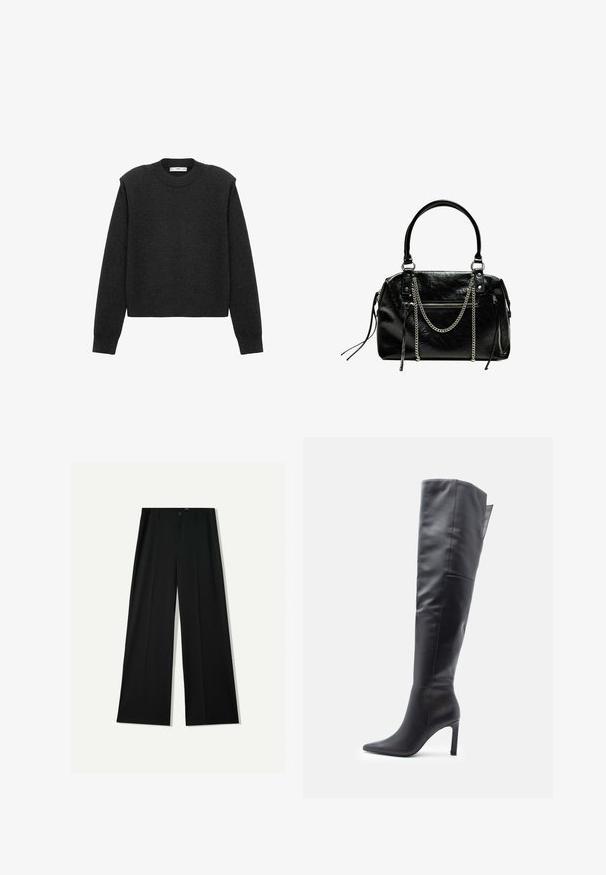 Mörkgrå, kortad tröja med långa ärmar, rundad halsringning och texturerad yta. Enkelt design utan mönster eller dekorationer.; Bershka WIDE - Tygbyxor - black; Knähöga svarta läderstövlar med spetstå och hög klack. Slät textur med en kroppsnära design och vertikal sömdetalj.; Bershka WITH CHAIN - Handväska - black