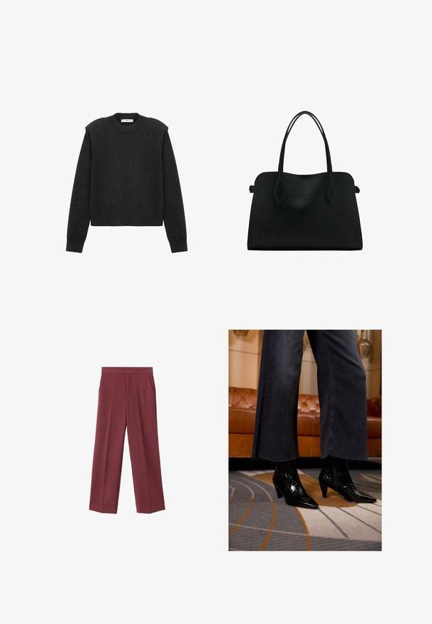Tmavě šedý, zkrácený svetr s dlouhými rukávy, kulatým výstřihem a texturovaným povrchem. Jednoduchý design bez vzorů nebo zdobení.; Bordové kalhoty s širokými nohavicemi a hladkým povrchem, s bočními kapsami a vysokým pasem. Ušity s čistým předním záhybem.; Černé kožené ankle boot s špičatou špičkou a texturovaným povrchem, nošené pod roztrhaným černým kalhotami s širokými nohavicemi na vzorovaném koberci.; Černá kožená kabelka s dvojitými ramenními popruhy, obdélníkový tvar a minimalistický design na bílém pozadí.