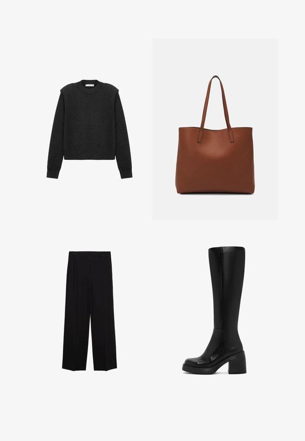 Donkergrijze, cropped trui met lange mouwen, een ronde halslijn en een gestructureerde afwerking. Eenvoudig ontwerp zonder patronen of versieringen.; Zwarte wijde broek van een gladde stof, met plooien aan de voorkant en zijzakken, ontworpen met een rechte, relaxte snit.; Zwarte kniehoge laars van soepel leer, met een chunky blokhak en ronde neus. Naaddetails lopen langs de zijkant.; Bruine leren tote bag met een gladde textuur, een ontwerp met een open bovenkant en twee schouderbanden. Kenmerkt zich door minimale stiksels en geen zichtbare hardware.