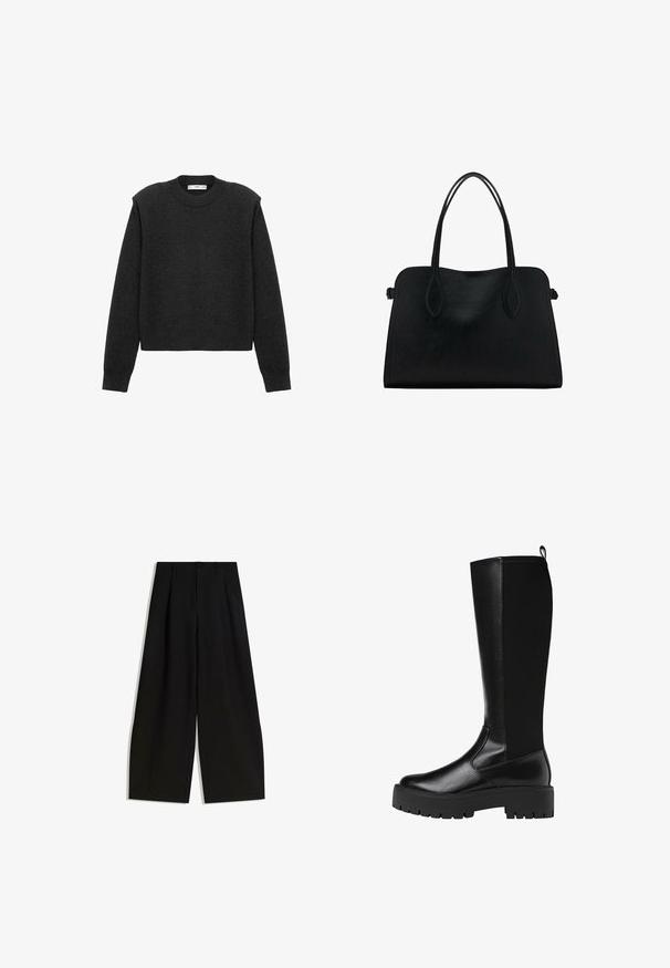 Tmavo šedý, skrátený sveter s dlhými rukávmi, okrúhlym výstrihom a textúrovaným povrchom. Jednoduchý dizajn bez vzorov alebo ozdôb.; Čierne široké nohavice vyrobené z hladkej tkaniny, s vysokým pásom, záhybmi vpredu a žiadnymi viditeľnými ozdobami alebo vzormi.; Čierne syntetické čižmy po kolená s hladkým textúrovaným povrchom a masívnou gumovou podrážkou. Sú vybavené popruhom na zadnej strane pre jednoduché obúvanie.; Čierna kožená kabelka s dvojitými popruhmi na rameno, obdĺžnikový tvar a minimalistický dizajn na bielom pozadí.