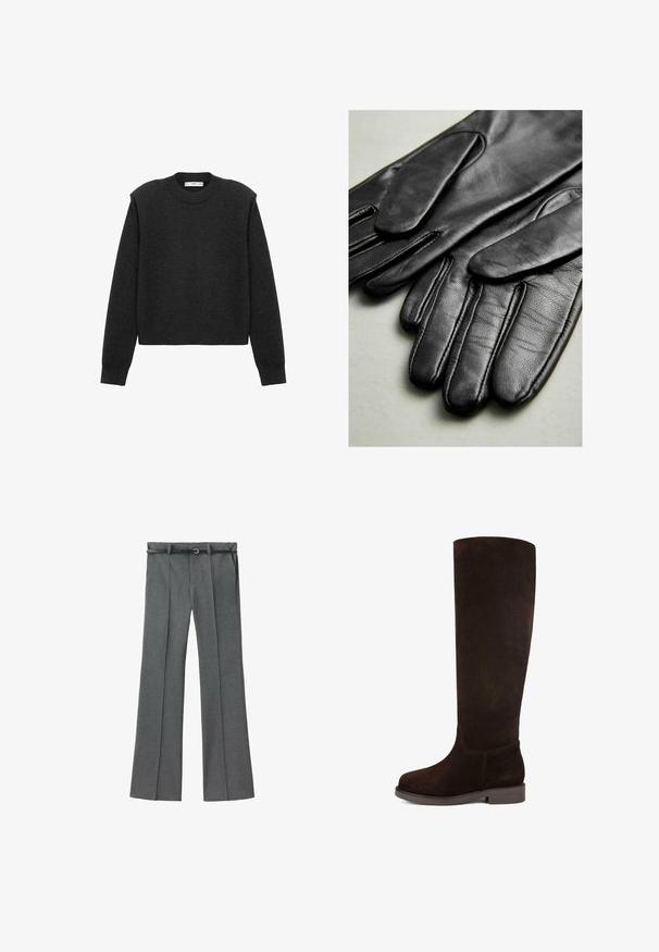 Ciemnoszara, krótka bluzka z długimi rękawami, okrągłym dekoltem i teksturowanym wykończeniem. Prosty fason bez wzorów czy ozdób.; Szare dopasowane spodnie o prostym kroju, wykonane z lekkiego materiału, z szlufkami na pasek oraz wąskim paskiem z srebrną klamrą.; Brązowy zamszowy kozak do kolan z okrągłym noskiem, płaską podeszwą i gładką fakturą. Minimalne przeszycia i elegancki design.; Czarne skórzane rękawiczki o gładkiej fakturze, z przeszyciami wzdłuż palców i dopasowanym kroju. Miękki, elastyczny materiał zapewniający komfort.