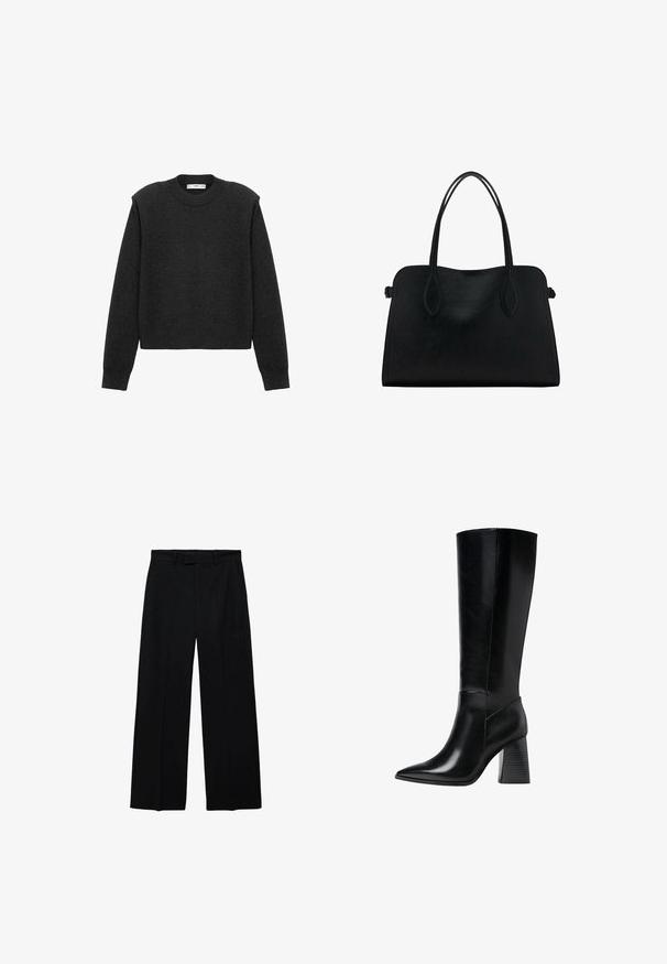 Pull en gris foncé, court, avec des manches longues, un col rond et une finition texturée. Design simple sans motifs ni embellissements.; Pantalons noirs taille haute à jambes larges avec passants de ceinture et poches latérales, dotés d'une fermeture éclair et d'un bouton à l'avant.; Bottes en cuir noir arrivant au genou, avec un bout pointu, une texture lisse et un talon épais et cranté pour la stabilité. Design élégant avec des accents minimalistes.; Sac à main en cuir noir avec deux anses, de forme rectangulaire et au design minimaliste sur un fond blanc.