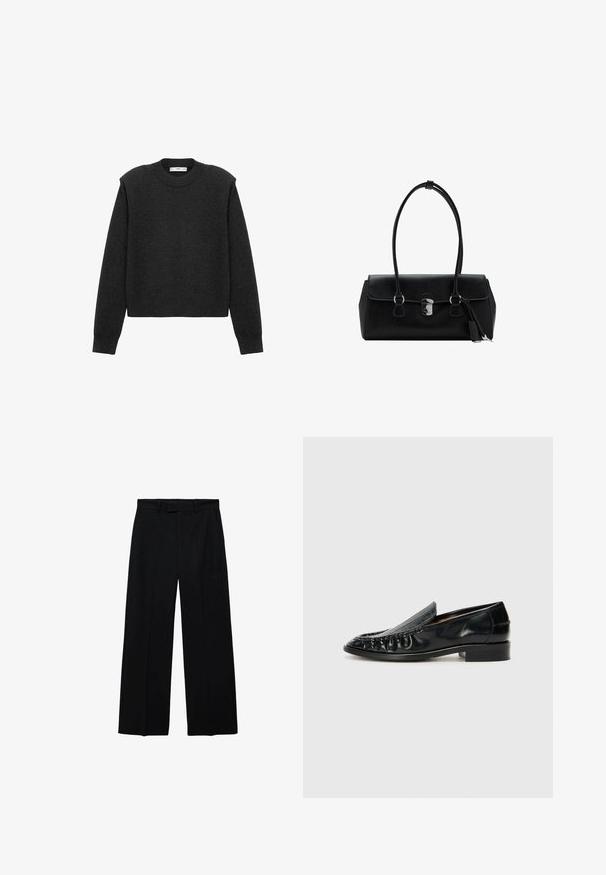 Maglione grigio scuro, corto, con maniche lunghe, scollatura rotonda e finitura texturizzata. Design semplice senza motivi o decorazioni.; Pantaloni neri a vita alta con gamba larga, dotati di passanti per cintura e tasche laterali, con chiusura frontale a zip e bottone.; Billi Bi Mocassini - black; Borsa a mano in pelle nera con una texture liscia, design strutturato, doppi manici e un dettaglio clasp in argento al centro.