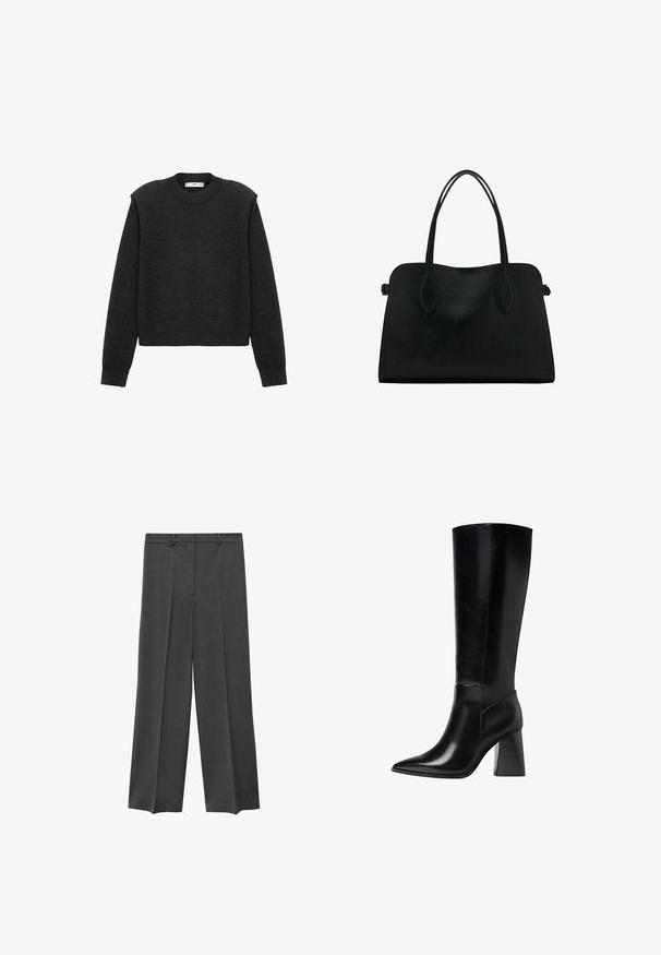 Dunkelgrauer, kurz geschnittener Pullover mit langen Ärmeln, einem runden Ausschnitt und einer strukturierten Oberfläche. Schlichte Gestaltung ohne Muster oder Verzierungen.; Grau breite Hosen mit glatter Textur, gefaltetem Bund und Gürtelschlaufen. Hergestellt aus einem leichten, gewebten Stoff.; Knöchelhohe schwarze Lederstiefel mit spitzem Schuhkopf, glatter Textur und einem stabilen, profilierten Blockabsatz. Schlankes Design mit minimalen Akzenten.; Schwarze Lederhandtasche mit zwei Schulterriemen, rechteckiger Form und minimalistischem Design auf weißem Hintergrund.