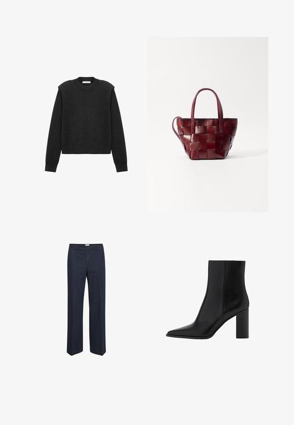 Tmavě šedý, zkrácený svetr s dlouhými rukávy, kulatým výstřihem a texturovaným povrchem. Jednoduchý design bez vzorů nebo zdobení.; Tmavě modré plátěné kalhoty s širokými nohavicemi, klasickým pasem a předními kapsami, navržené pro pohodlné nošení a všestranný styl.; Černé kožené kotníkové boty s špičatou špičkou, čtveratým podpatkem, hladkou texturou a švy podél spojů. Výška podpatku je přibližně 8,9 centimetrů.; Tkaná bordó kožená taška přes rameno s dvěma krátkými uchy a odnímatelným ramenním popruhem. Má strukturovaný tvar a hladkou texturu.
