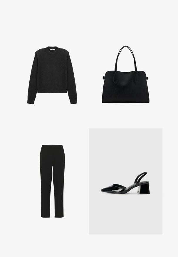Tmavě šedý, zkrácený svetr s dlouhými rukávy, kulatým výstřihem a texturovaným povrchem. Jednoduchý design bez vzorů nebo zdobení.; Černé kalhoty s rovným střihem, nabízející hladkou texturu, přiléhavý pas a žádné viditelné zdobení nebo vzory.; Černé lakované kožené lodičky na pásku s špičatou špičkou a geometrickým blokovým podpatkem. Vyznačují se elegantním, minimalistickým designem a hladkým povrchem.; Černá kožená kabelka s dvojitými ramenními popruhy, obdélníkový tvar a minimalistický design na bílém pozadí.