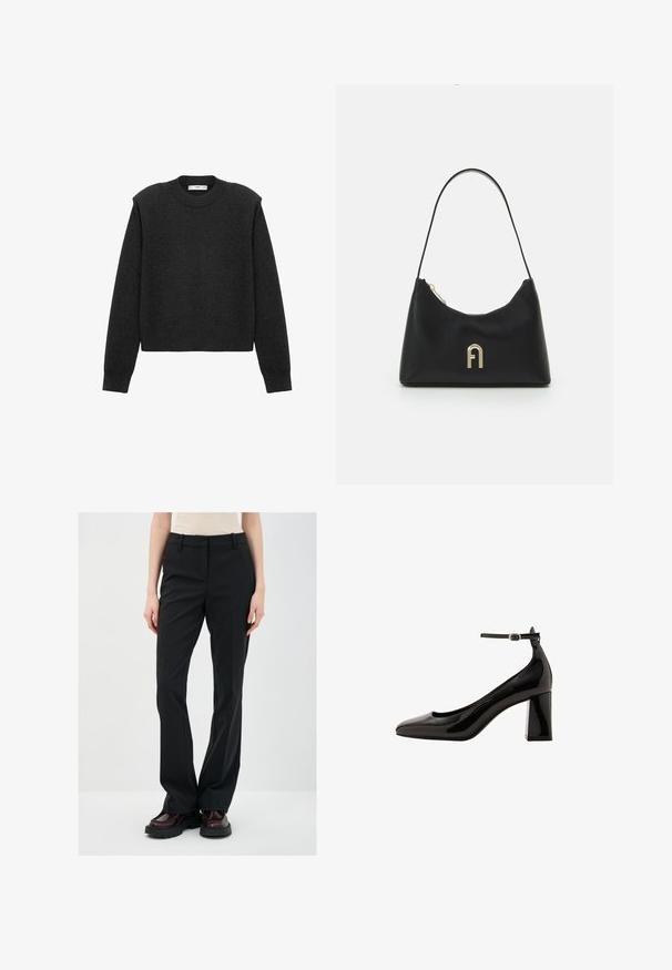 Donkergrijze, cropped trui met lange mouwen, een ronde halslijn en een gestructureerde afwerking. Eenvoudig ontwerp zonder patronen of versieringen.; Zwarte geklede broeken met een recht gesneden ontwerp, gemaakt van een gladde stof. Voorzien van riemlussen en een platte voorkant. Gepaard met donkere laarzen.; Zwarte lakleren enkelschoenen met een glanzende afwerking, spitse neus en een dikke blokhak. Vetruige textuur, minimale detaillering.; Zwarte handtas van glad materiaal, met een gebogen vorm, een enkele schouderband en een gouden logo-accent aan de voorkant.
