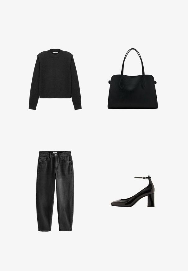Pulover scurt, de culoare gri închis, cu mâneci lungi, guler rotund și un finisaj texturat. Design simplu, fără modele sau embellishments.; Jeans negre din denim cu o croială dreaptă, cinci buzunare și închidere cu buton. Prezintă o ușoară decolorare și detalii de cusătură. Design casual.; Pantofi cu toc cu curea la gleznă din piele patentată neagră, cu un finisaj glossy, vârf ascuțit și toc gros. Textură netedă, detalii minime.; Geantă din piele neagră cu două mânere pentru umăr, formă rectangulară și design minimalistic pe un fundal alb.