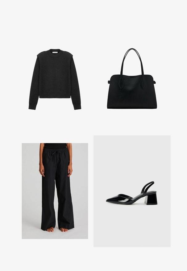 Pulover scurt, de culoare gri închis, cu mâneci lungi, guler rotund și un finisaj texturat. Design simplu, fără modele sau embellishments.; Pantaloni negri, lejeri, dintr-un material ușor. Prezintă un talie elastică cu șnur și un design cu picioare drepte și largi.; Pantofi cu toc slingback din piele lacuită neagră, cu vârf ascuțit și toc geometric. Prezintă un design elegant, minimalist și o textură netedă.; Geantă din piele neagră cu două mânere pentru umăr, formă rectangulară și design minimalistic pe un fundal alb.