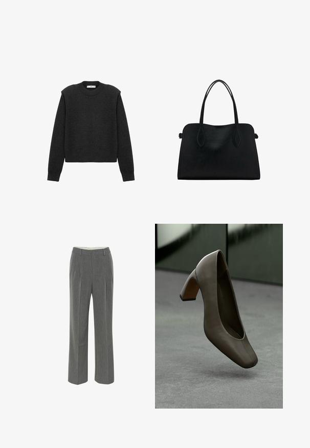 Tmavě šedý, zkrácený svetr s dlouhými rukávy, kulatým výstřihem a texturovaným povrchem. Jednoduchý design bez vzorů nebo zdobení.; Šedé pruhované kalhoty se zvýrazněným střihem, plochým předním dílem a širokým střihem nohavic. Vyrobené z hladké, lehké látky.; Tmavě olivově zelená kožená vysoká bota na podpatku se čtveratou špičkou a blokovým podpatkem, levitující nad šedou betonovou podlahou s rozmazaným zeleným pozadím.; Černá kožená kabelka s dvojitými ramenními popruhy, obdélníkový tvar a minimalistický design na bílém pozadí.