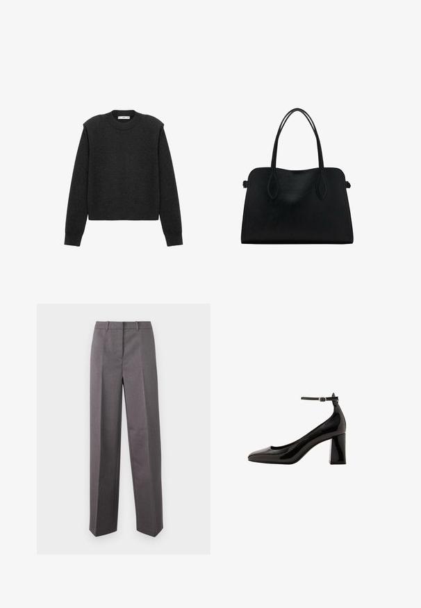 Dark gray, cropped sweater with long sleeves, a rounded neckline, and a textured finish. Simple design without patterns or embellishments.; Gray tailored trousers made of textured fabric, featuring a straight-leg design, flat front, and belt loops.; Black patent leather ankle strap pump with a glossy finish, pointed toe, and a thick block heel. Smooth texture, minimal detailing.; Black leather handbag with dual shoulder straps, rectangular shape, and minimalistic design on a white background.