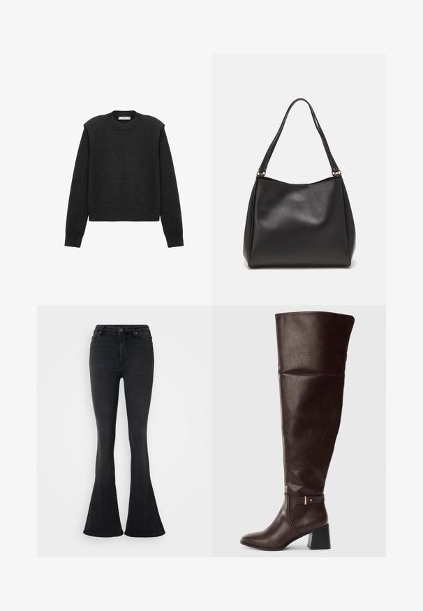 Maglione grigio scuro, corto, con maniche lunghe, scollatura rotonda e finitura texturizzata. Design semplice senza motivi o decorazioni.; Jeans neri a gamba svasata in denim, con vita alta, design a cinque tasche e una texture liscia con dettagli di cucitura standard.; Stivale in pelle marrone scuro, alto fino al ginocchio, con tacco a blocco e dettaglio decorativo con cinturino laterale, mostrato su uno sfondo chiaro e semplice.; Borsa a tracolla nera in pelle sintetica con una texture morbida, forma hobo e doppi manici; presenta una finitura lucida e un design minimalista.; Giacca in pelle metallizzata argento con collare in shearling, dotata di chiusura zip e superficie texture. Orecchini a goccia grandi con gemme trasparenti.