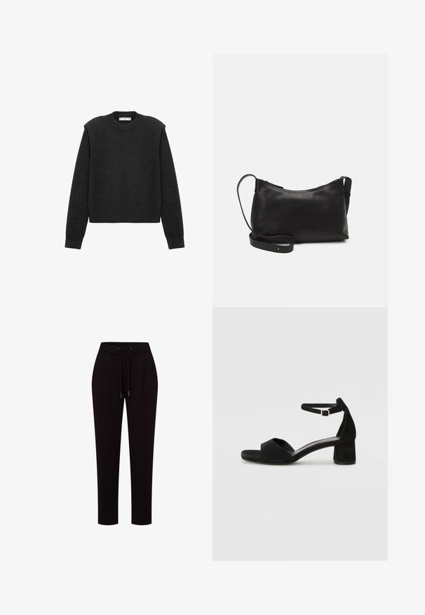 Donkergrijze, cropped trui met lange mouwen, een ronde halslijn en een gestructureerde afwerking. Eenvoudig ontwerp zonder patronen of versieringen.; Zwarte, lichtgewicht broeken met een elastische tailleband, trekkoordsluiting en twee frontplooien. Op maat gemaakte, taps toelopende pasvorm.; Zwarte suede hakken met een dunne enkelband, open teen ontwerp en een bescheiden blokhak. Zachte textuur en minimale accenten.; Zwarte leren schoudertas met een gladde textuur, gebogen vorm, verstelbare schouderband en een ritsafsluiting. Minimalistisch ontwerp zonder versieringen.