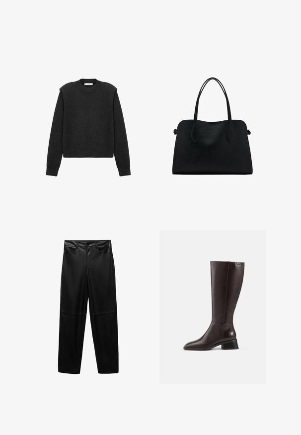 Pulover scurt, de culoare gri închis, cu mâneci lungi, guler rotund și un finisaj texturat. Design simplu, fără modele sau embellishments.; Pantaloni din piele ecologică negri, cu un design drept, având două buzunare frontale și o textură netedă, mată.; Botine din piele maro, până la genunchi, cu finisaj neted, vârf rotund și toc negru, stratificat. Design simplu, cu detalii hardware minime.; Geantă din piele neagră cu două mânere pentru umăr, formă rectangulară și design minimalistic pe un fundal alb.