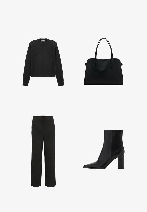 Tummanharmaa, lyhennetty villapaita pitkillä hihuilla, pyöreällä pääntiellä ja tekstuuripinnalla. Yksinkertainen muotoilu ilman kuvioita tai koristeita.; Musta raitapaitainen leveälahkeinen housu, jossa on litteä vyötärö ja vyölenkit, valmistettu kudotusta kankaasta, jossa on pystysuoria raitoja vastakkaisessa väriä.; Mustat nahkakengät nilkkapituisilla, teräväkärkisillä, neliskanttisine kannallinen, sileä pinta ja ompeluyksityiskohtia saumoissa. Kannan korkeus on noin 3,5 tuumaa.; Mustavihreä nahkalaukku, jossa on kaksinkertaiset olkahihnat, suorakaiteen muotoinen ja minimalistinen muotoilu valkoisella taustalla.