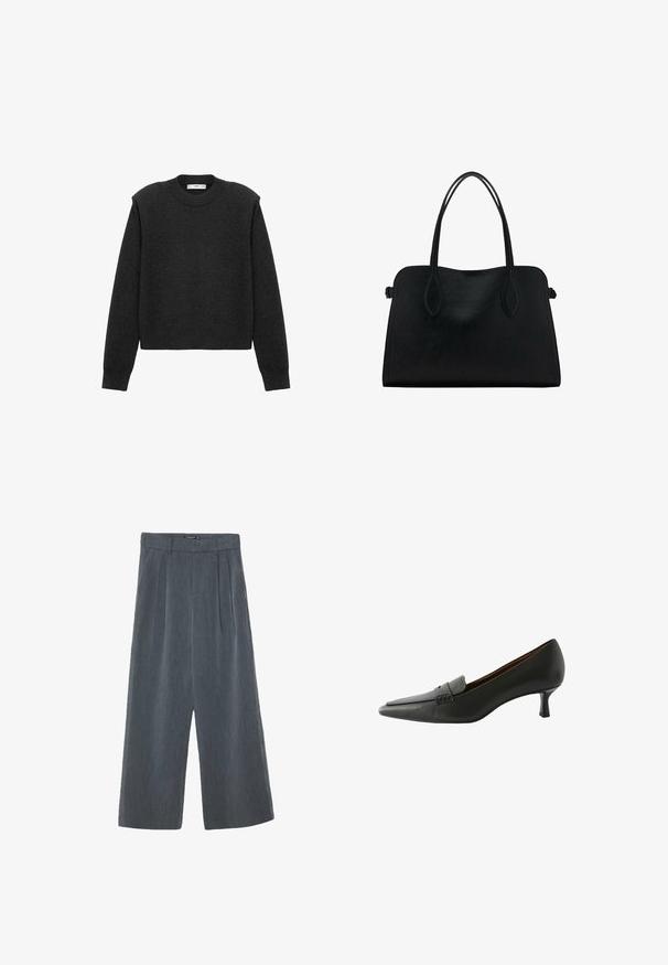 Mørkegrå, cropped sweater med lange ærmer, en rund halsudskæring og en tekstureret overflade. Simpelt design uden mønstre eller udsmykninger.; Viddebukser i mørkegrå, med en tekstureret stof, plisseret front og høj talje design med en glat taljerem.; Sorte læderhællet sko med spids tå og en dekorativ rem. Har en lav stiletto hæl og en glat overflade.; Sort læderhåndtaske med dobbelte skulderremme, rektangulær form og minimalistisk design på en hvid baggrund.