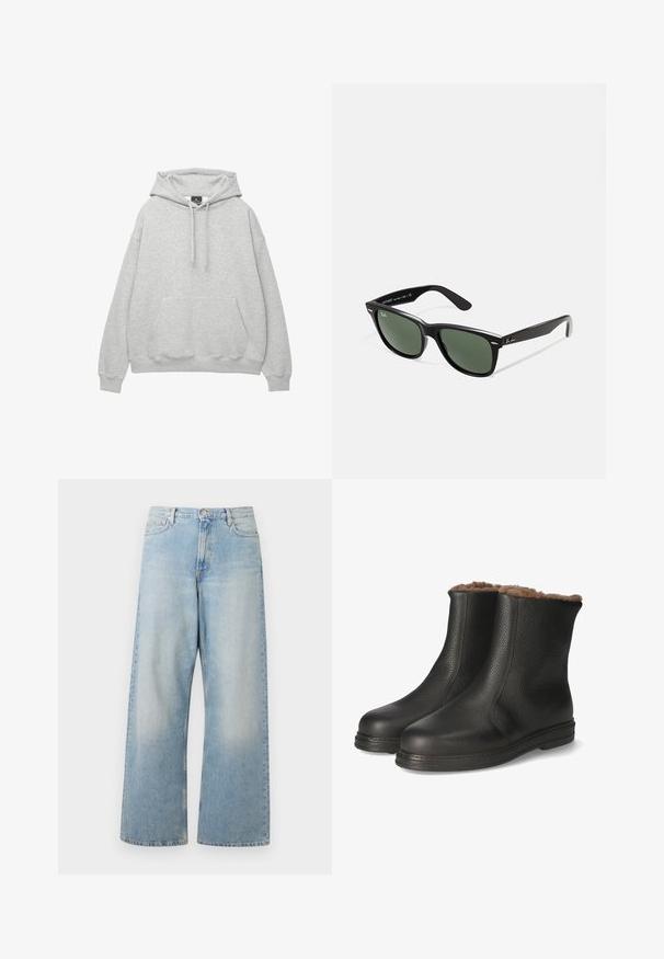 Hellgrauer Hoodie aus weichem Baumwollmix, mit einer Kordelzugkapuze, einer Fronttasche und gerippten Bündchen und Saum.; Weißes Baumwoll-T-Shirt mit kurzen Ärmeln, rundem Ausschnitt und geradem Schnitt. Glatte Textur ohne sichtbare Muster oder Akzente.; Helle blaue weit geschnittene Jeans aus Denim, mit hoher Taille, Fronttaschen und einem ausgewaschenen Look mit subtilen Abzeichen an den Oberschenkeln.; Jomos Snowboot/Winterstiefel - schwarz; Schwarze Plastiksonnenbrille mit grünen Gläsern, quadratischen Rahmen, silbernem Akzent auf der Augenbraue und strukturierten Bügeln. Angegebene Marke auf dem inneren Bügel.