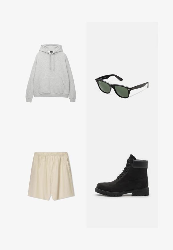 Světle šedá mikina s kapucí vyrobená z měkké směsi bavlny, má šňůrkovou kapuci, přední kapsu na klokaní styl a žebrované manžety a spodní lem.; Bílá bavlněná tričko s krátkými rukávy, kulatým výstřihem a rovný střih. Hladká textura bez viditelných vzorů nebo akcentů.; Bežové šortky vyrobené z lehkého materiálu, s elastickým pasem, dvěma bočními kapsami a volným střihem.; Černé kotníkové boty na šněrování s polstrovaným límcem a robustní podrážkou, zobrazené v profilu na bílém pozadí.; Černé plastové sluneční brýle se zelenými skly, čtvercové obroučky, stříbrný detail na obočí a texturované stranice. Značka uvedená na vnitřní straně stranic.