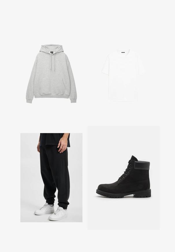 Jasnoszara bluza z kapturem, wykonana z miękkiej mieszanki bawełny, z troczkami w kapturze, kieszenią na przodzie oraz ściągaczami przy mankietach i u dołu.; Biały bawełniany t-shirt z krótkimi rękawami, okrągłym dekoltem i prostym krojem. Gładka faktura bez widocznych wzorów czy akcentów.; DEF - Spodnie treningowe; Czarne botki na kostkę z wiązaniem, z wyściełanym kołnierzem i solidną podeszwą, pokazane w profilu na białym tle.