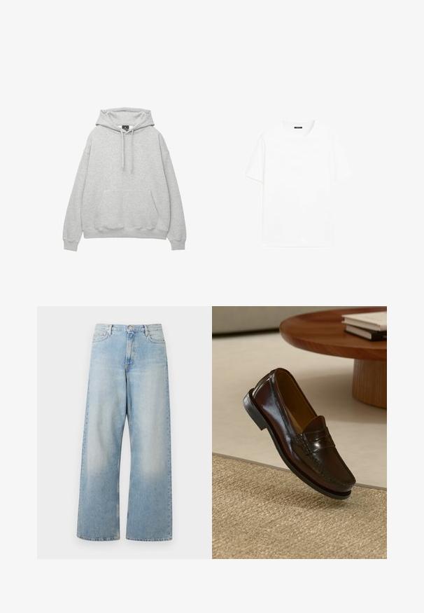 Lysegrå hoodie lavet af blødt bomuldsblanding, har en hætte med snor, frontlomme og ribbede manchetter og kant.; Hvid bomulds t-shirt med korte ærmer, rund halsudskæring og lige pasform. Glat tekstur uden synlige mønstre eller detaljer.; Lys blå brede bukser lavet af denim, med høj talje, forlommer og en falmet vask med subtile slidte områder ved lårene.; Brune læder loafers med en blank overflade, der har en syet detalje over fronten og en lavprofil sort gummisål.