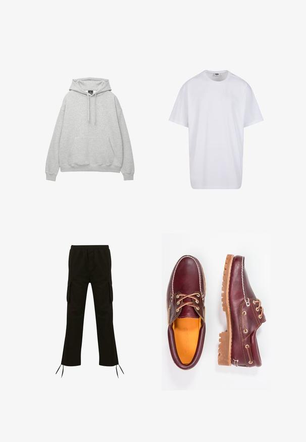 Svetlošedá mikina s kapucňou vyrobená z mäkkej bavlnenej zmesi, ktorá má šnúrku na kapucni, prednú vrecko a rebrované manžety a spodný lem.; Biela bavlnená tričko s krátkymi rukávmi, okrúhlym výstrihom, uvoľneným strihom a žiadnymi viditeľnými logami alebo vzormi. Hladká textúra a minimálny dizajn.; Čierne cargo nohavice s elastickým pásom, bočnými vreckami a šnúrkami na spodnom okraji; vyrobené z ľahkej látky s hladkou textúrou.; Bordové kožené topánky s hnedými gumovými podrážkami, okrúhlou špičkou, bielym prešívaním a zlatými kovaniami. Interiér má žlté podšívku.