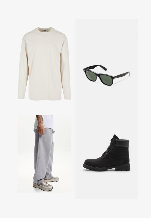 Svijetlosiva dukserica od mekog pamučnog spoja, s kapuljačom na vezanje, prednjim džepom i rebrastim manžetama i rubom.; Dugi rukav kremasti majica od mekanog pamuka, s okruglim izrezom i bočnim prorezima za dodatnu udobnost. Minimalistički dizajn, jednolika tekstura.; Sive trenirke napravljene od mekog materijala, s opuštenim krojem i elastičnim pojasom. Uparene s bež i sivim sportskim tenisicama.; Crne čizme s vezicama do gležnja, s podstavljenim ovratnikom i čvrstim potplatom, prikazane u profilu na bijeloj pozadini.; Crne plastične sunčane naočale s zelenim staklima, kvadratni okviri, srebrni naglasak na obrvi i teksturirane ručke. Naziv brenda naveden na unutrašnjoj strani ručke.