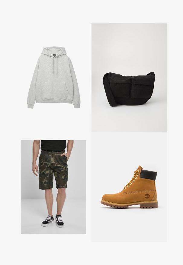 Felpa grigia chiara realizzata in morbido misto cotone, con cappuccio regolabile, tasca a marsupio frontale e polsini e orlo a coste.; Pantaloni cargo mimetici con tasche cargo, realizzati in tessuto intrecciato in tonalità di verde e marrone. Abbinati a scarpe da ginnastica nere con lacci bianchi.; Stivale alla caviglia in pelle marrone con colletto nero, occhielli dorati e lacci. Suola testurizzata con motivo antiscivolo e logo sul lato.; Borsa a tracolla in corduroy nero con spallaccio regolabile, dotata di tasche frontali e una texture morbida. Design compatto con dettagli minimi.