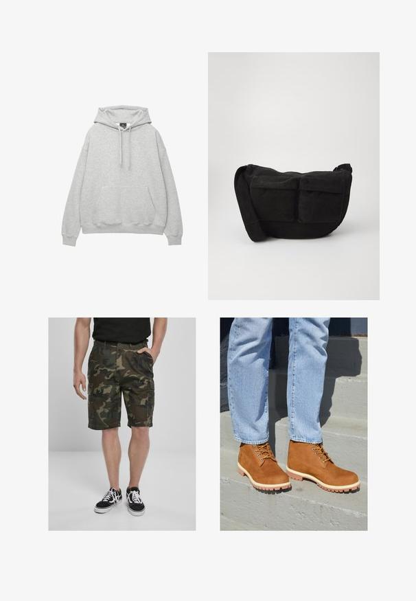 Světle šedá mikina s kapucí vyrobená z měkké směsi bavlny, má šňůrkovou kapuci, přední kapsu na klokaní styl a žebrované manžety a spodní lem.; Camo cargo šortky s cargo kapsami, vyrobené z tkané látky v zelených a hnědých odstínech. Vyzbrojené černými teniskami s bílými tkaničkami.; Hnědé semišové kotníkové boty s žlutými tkaničkami a bílými podrážkami, se silným vzorem na podrážce, nošeny s světle modrými denimovými džíny na schodech.; Černá kordurová crossbody taška s nastavitelným popruhem, která má přední kapsy a měkkou texturu. Kompaktní design s minimálním zdobením.