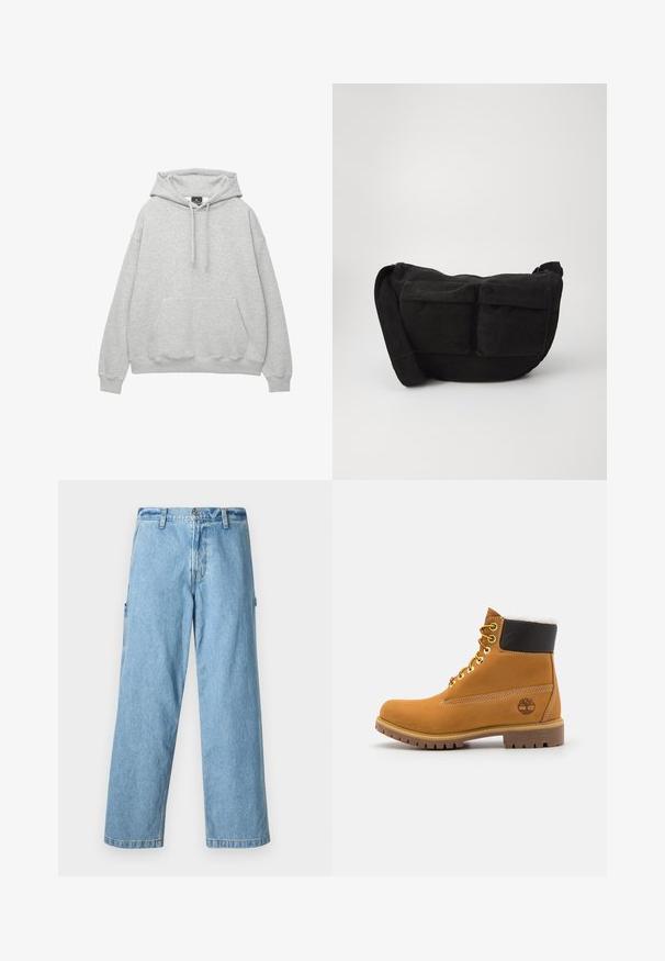 Jasnoszara bluza z kapturem, wykonana z miękkiej mieszanki bawełny, z troczkami w kapturze, kieszenią na przodzie oraz ściągaczami przy mankietach i u dołu.; Abercrombie & Fitch - Jeansy baggy; Brązowy skórzany but za kostkę z metalowymi oczkami, białym futerkiem w środku, czarnym wyściółką, solidną podeszwą i wytłoczonym logo po boku.; Czarny torba na ramię z kordurowego materiału z regulowanym paskiem, z przednimi kieszeniami i miękką teksturą. Kompaktowy design z minimalnymi detalami.