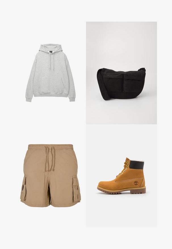 Vaaleanharmaa huppari, joka on valmistettu pehmeästä puuvillasekoitteesta. Siinä on naruilla säädettävä huppu, etupuolella tasku ja ribbaatut hihansuut sekä helma.; Beige cargo shorts yang terbuat dari kain ringan dengan pinggang tali, dilengkapi dua saku samping, dan dua saku cargo. Desain yang sederhana dan utilitarian.; Ruske nahkasaapad ankle-moodi, metallist silmadega, valge karvase voodriga, musta pehmendusega kaeluse ja läbilöökide tald. Kotiriide logo on küljes.; Mustakoska ristiselkäkott, jossa on säädettävä olkahihna, etutaskut ja pehmeä pinta. Kompakti muotoilu, jossa on vähäiset yksityiskohdat.