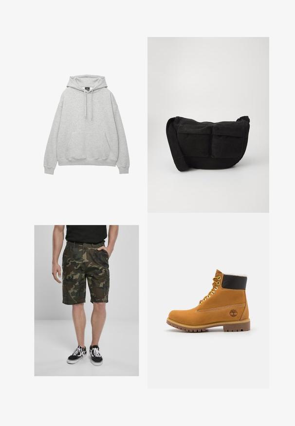 Jasnoszara bluza z kapturem, wykonana z miękkiej mieszanki bawełny, z troczkami w kapturze, kieszenią na przodzie oraz ściągaczami przy mankietach i u dołu.; Szorty cargo w kamuflażu z kieszeniami cargo, wykonane z tkaniny plecionej w odcieniach zieleni i brązu. W zestawie z czarnymi sneakersami z białymi sznurowadłami.; Brązowy skórzany but za kostkę z metalowymi oczkami, białym futerkiem w środku, czarnym wyściółką, solidną podeszwą i wytłoczonym logo po boku.; Czarny torba na ramię z kordurowego materiału z regulowanym paskiem, z przednimi kieszeniami i miękką teksturą. Kompaktowy design z minimalnymi detalami.