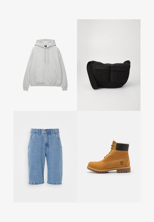 Hoodie gris clair en mélange de coton doux, avec une capuche à cordon de serrage, une poche avant à rabat et des poignets et un ourlet côtelés.; Shorts en denim bleu clair, avec un design classique à cinq poches, une fermeture par bouton et zip, un ourlet brut et une texture délavée.; Bottine en cuir brun avec œillets en métal, doublure en fourrure blanche, col rembourré noir, semelle robuste et logo en relief sur le côté.; Sac en velours côtelé noir à bandoulière réglable, doté de poches avant et d'une texture douce. Design compact avec peu de détails.