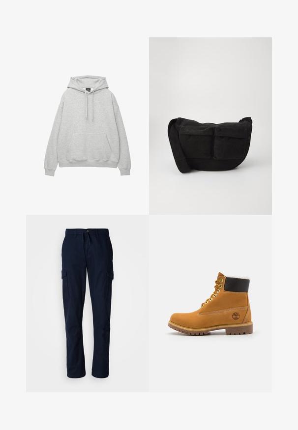 Lichtgrijze hoodie van een zachte katoenmix, met een trekkoordkap, een voorzak en ribgebreide manchetten en zoom.; Marineblauwe cargobroek van duurzame stof, met twee zijzakken en een trekkoord in de taille voor een verstelbare pasvorm.; Bruine leren enkellaars met metalen oogjes, witte faux bont voering, zwarte gewatteerde kraag, robuuste zool en een reliëflogo aan de zijkant.; Zwarte corduroy schoudertas met verstelbare strap, voorzien van voorzakken en een zachte textuur. Compact ontwerp met minimale details.