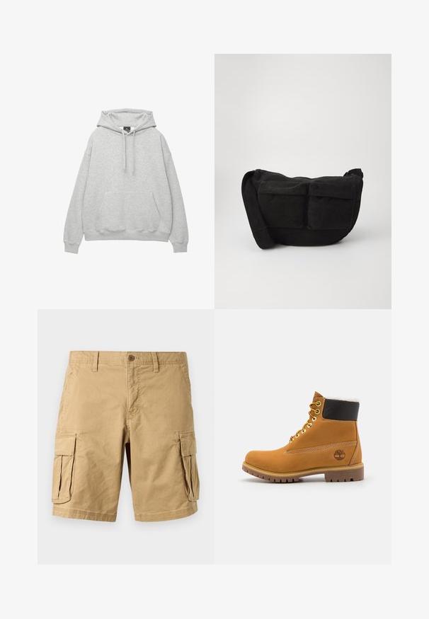 Lysegrå hoodie lavet af blødt bomuldsblanding, har en hætte med snor, frontlomme og ribbede manchetter og kant.; Beige cargoshorts lavet af letvægtsbomuld, med to store sidelommer, knaplukning og bæltestropper. Glat overflade.; Brune læder ankelstøvle med metaløjer, hvid pelsforing, sort polstret krave, robust sål og præget logo på siden.; Sort corduroy crossbody-taske med justerbar rem, der har frontlommer og en blød tekstur. Kompakt design med minimal dekoration.