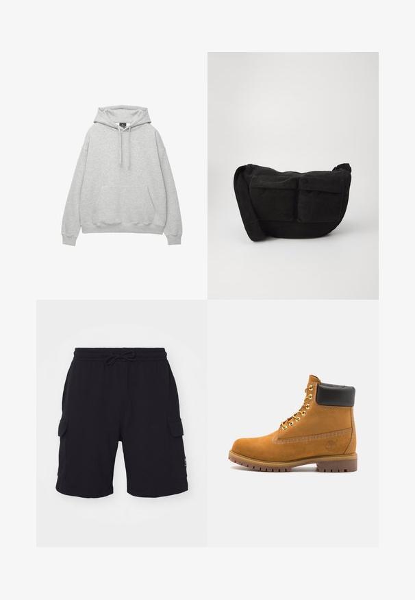 Világosszürke kapucnis pulóver, puha pamut keverékből készült, húzózsinóros kapucnival, elülső zsebbel és bordás mandzsettával, valamint alsó résszel rendelkezik.; Fekete cargo rövidnadrág elasztikus derékkal és zsinórral. Két oldalsó zsebbel és egy kis logóval rendelkezik a jobb oldalon.; Barna velúr bokacipő fekete párnázott gallérral, arany fém fűzőlyukakkal, fehér varrási részletekkel és durva gumitalppal, amelynek kifejezett barázdái vannak.; Fekete kordbársony keresztpántos táska állítható pánttal, elülső zsebekkel és puha tapintással. Kompakt dizájn minimális részletezéssel.