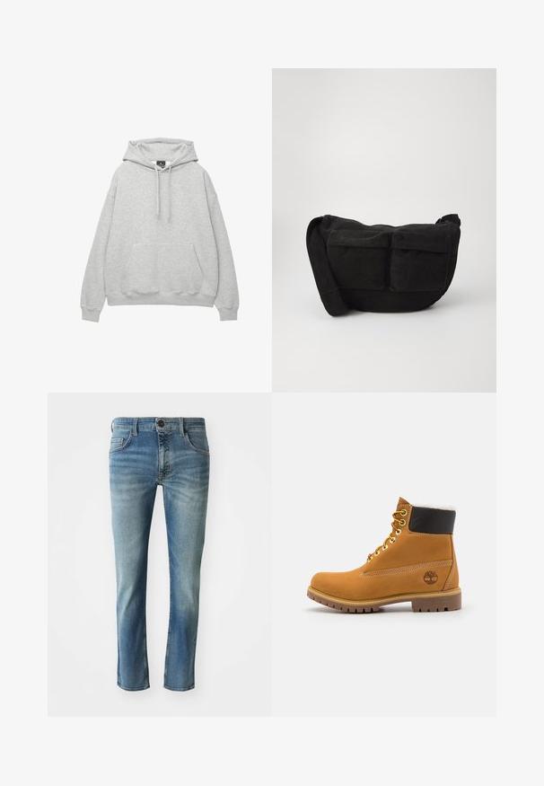 Felpa grigia chiara realizzata in morbido misto cotone, con cappuccio regolabile, tasca a marsupio frontale e polsini e orlo a coste.; Jeans in denim azzurro chiaro con taglio dritto, gambe leggermente scolorite, design a cinque tasche e chiusura con bottone in vita.; Stivale alla caviglia in pelle marrone con occhielli metallici, fodera in pelliccia bianca, colletto imbottito nero, suola robusta e logo impresso sul lato.; Borsa a tracolla in corduroy nero con spallaccio regolabile, dotata di tasche frontali e una texture morbida. Design compatto con dettagli minimi.