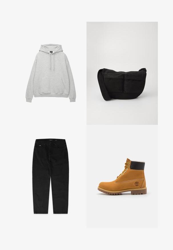 Lichtgrijze hoodie van een zachte katoenmix, met een trekkoordkap, een voorzak en ribgebreide manchetten en zoom.; EIGHTYFIVE WITH LOOP - Baggy jeans - black washed; Bruine leren enkellaars met metalen oogjes, witte faux bont voering, zwarte gewatteerde kraag, robuuste zool en een reliëflogo aan de zijkant.; Zwarte corduroy schoudertas met verstelbare strap, voorzien van voorzakken en een zachte textuur. Compact ontwerp met minimale details.