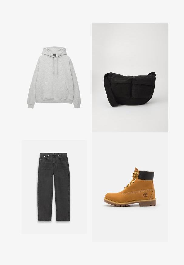 Lysegrå hoodie lavet af blødt bomuldsblanding, har en hætte med snor, frontlomme og ribbede manchetter og kant.; Mørkegrå denim bukser med lige ben design, fem-lomme stil og en synlig knap- og lynlåslukning. Har minimal detaljer.; Brune læder ankelstøvle med metaløjer, hvid pelsforing, sort polstret krave, robust sål og præget logo på siden.; Sort corduroy crossbody-taske med justerbar rem, der har frontlommer og en blød tekstur. Kompakt design med minimal dekoration.