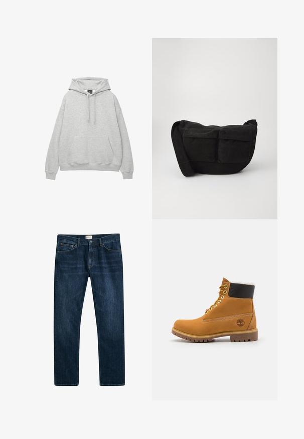 Hellgrauer Hoodie aus weichem Baumwollmix, mit einer Kordelzugkapuze, einer Fronttasche und gerippten Bündchen und Saum.; Dunkelblaue Denim-Jeans mit geradem Beinfit, Knopf- und Reißverschluss, sowie Fronttaschen. Glatte Textur und minimale Verblassung.; Braune Leder-Ankle-Boots mit Metallösen, weißem Kunstfellfutter, schwarzem gepolstertem Kragen, robustem Sohlenprofil und geprägtem Logo an der Seite.; Schwarze Cordtasche mit verstellbarem Schultergurt, ausgestattet mit Vordertaschen und einer weichen Textur. Kompaktes Design mit minimaler Gestaltung.