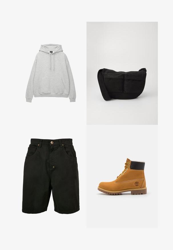 Világosszürke kapucnis pulóver, puha pamut keverékből készült, húzózsinóros kapucnival, elülső zsebbel és bordás mandzsettával, valamint alsó résszel rendelkezik.; Fekete pamut rövidnadrág derékrésszel, két elülső zsebbel és egy gombos záródással. Texturált anyagú, minimális részletezéssel.; Barna bőrből készült bokacsizma fém fűzőlyukakkal, fehér szőr béléssel, fekete párnázott gallérral, strapabíró talppal és dombornyomott logóval az oldalán.; Fekete kordbársony keresztpántos táska állítható pánttal, elülső zsebekkel és puha tapintással. Kompakt dizájn minimális részletezéssel.