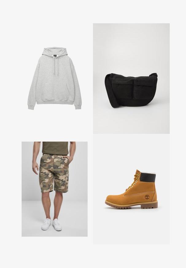 Világosszürke kapucnis pulóver, puha pamut keverékből készült, húzózsinóros kapucnival, elülső zsebbel és bordás mandzsettával, valamint alsó résszel rendelkezik.; Zöld, barna és bézs színű, kamuflázs mintás cargo shortok, több zsebbel és laza szabással. Tartós anyagból készült, térdhosszú.; Barna bőrből készült bokacsizma fém fűzőlyukakkal, fehér szőr béléssel, fekete párnázott gallérral, strapabíró talppal és dombornyomott logóval az oldalán.; Fekete kordbársony keresztpántos táska állítható pánttal, elülső zsebekkel és puha tapintással. Kompakt dizájn minimális részletezéssel.