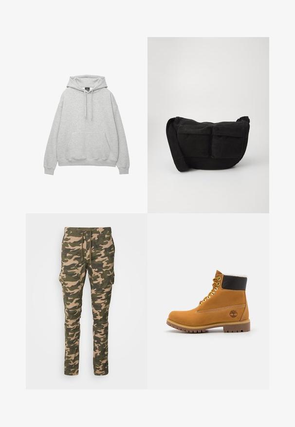 Felpa grigia chiara realizzata in morbido misto cotone, con cappuccio regolabile, tasca a marsupio frontale e polsini e orlo a coste.; Pantaloni cargo mimetici in verde e beige, realizzati in tessuto dalla texture liscia. Presentano tasche laterali e una vita elasticizzata con cordino.; Stivale alla caviglia in pelle marrone con occhielli metallici, fodera in pelliccia bianca, colletto imbottito nero, suola robusta e logo impresso sul lato.; Borsa a tracolla in corduroy nero con spallaccio regolabile, dotata di tasche frontali e una texture morbida. Design compatto con dettagli minimi.