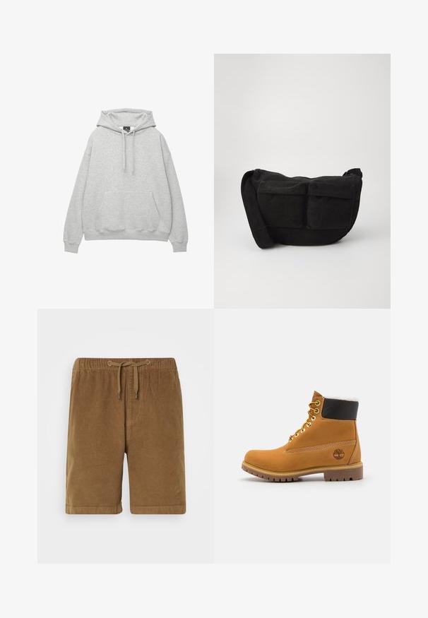 Ljusgrå huvtröja i mjuk bomullsblandning, med dragsko i huvan, framficka och ribbade muddar och fåll.; Bruna kordflorshorts med elastisk midjeband och dragsko, med rak passform och uppvikta fållar. Enkelt design, strukturerad tyg.; Brun läderankelsko med metalöglor, vit pälsfoder, svart vadderad krage, robust sula och präglad logotyp på sidan.; Svart manchester axelremsväska med justerbar rem, som har framfickor och en mjuk textur. Kompakt design med minimala detaljer.