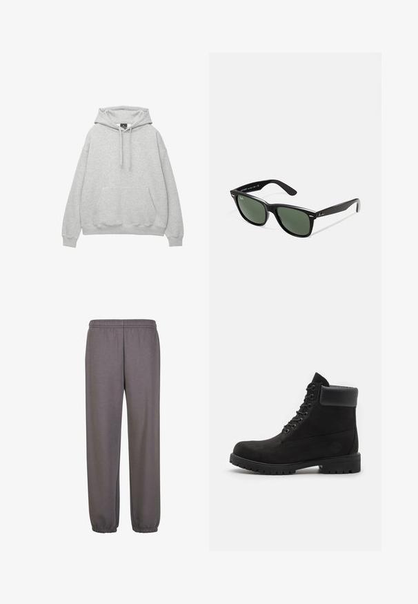 Svetlo siva kapuca iz mešanice mehkega bombaža, z vrvico za regulacijo, sprednji žep in rebraste manšete ter rob.; Sive trenirke iz mehkega materiala, z elastičnim pasom, stranskimi žepi in elastičnimi manšetami na gležnjih za sproščen fit.; Črne čipkaste gležnjarje z oblazinjeno obrobo in trdim podplatom, prikazane v profilu na beli podlagi.; Črne plastične sončna očala z zelenimi lečami, kvadratni okvirji, srebrni detajl na obrvi in teksturirani ročaji. Blagovna znamka navedena na notranji strani ročaja.